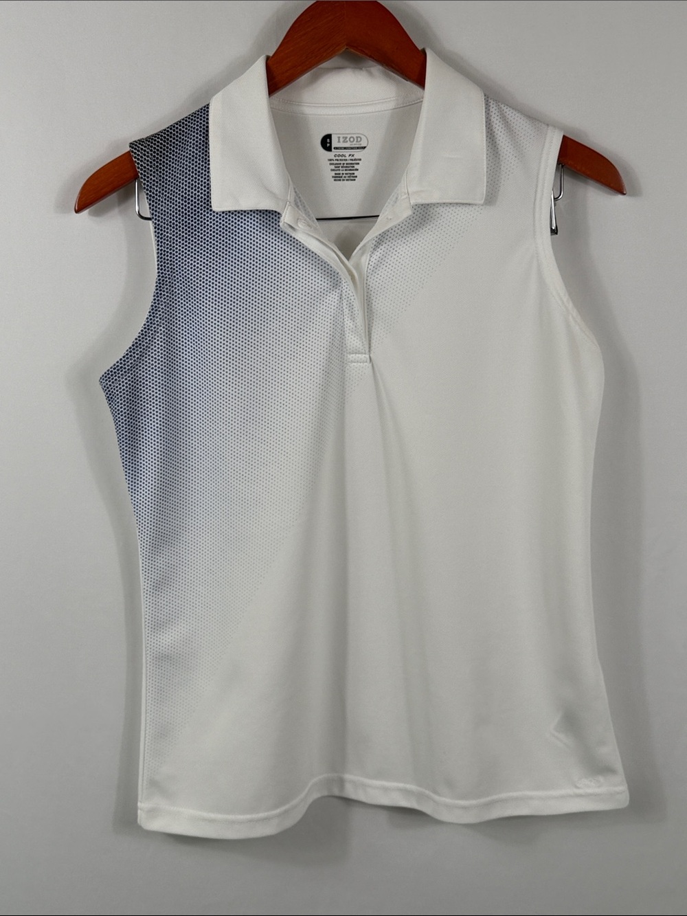 Izod Golf Cool FX White Sleeveless Polo Navy Gradient Detail. Size S